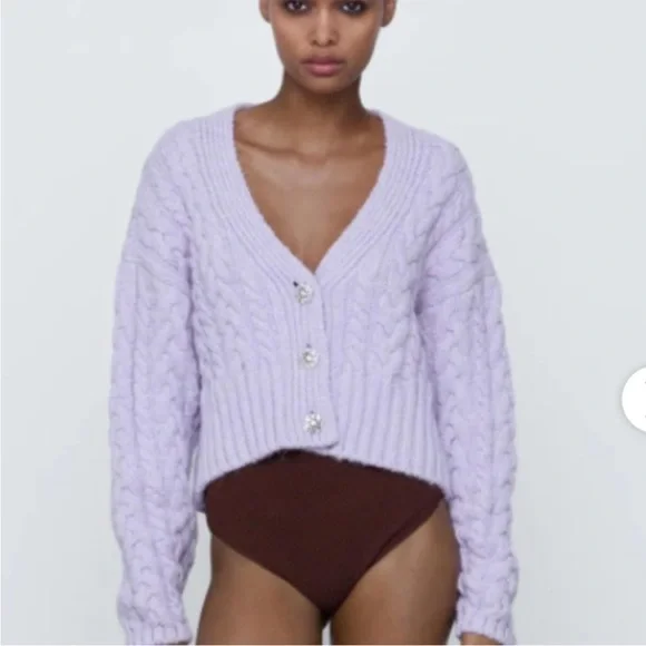 NWT Zara Purple Rhinestone Button Cable Knit Cardigan Sweater Medium - Picture 3 of 11